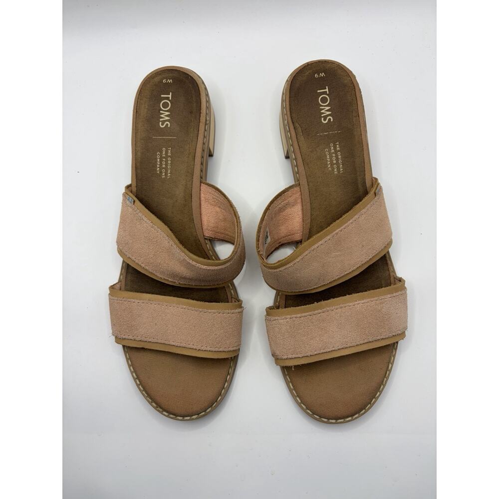 TOMS Suede Slide Sandals Womens 9 Tan Double Strap Block Heel Casual Wood Heel - Picture 5 of 7